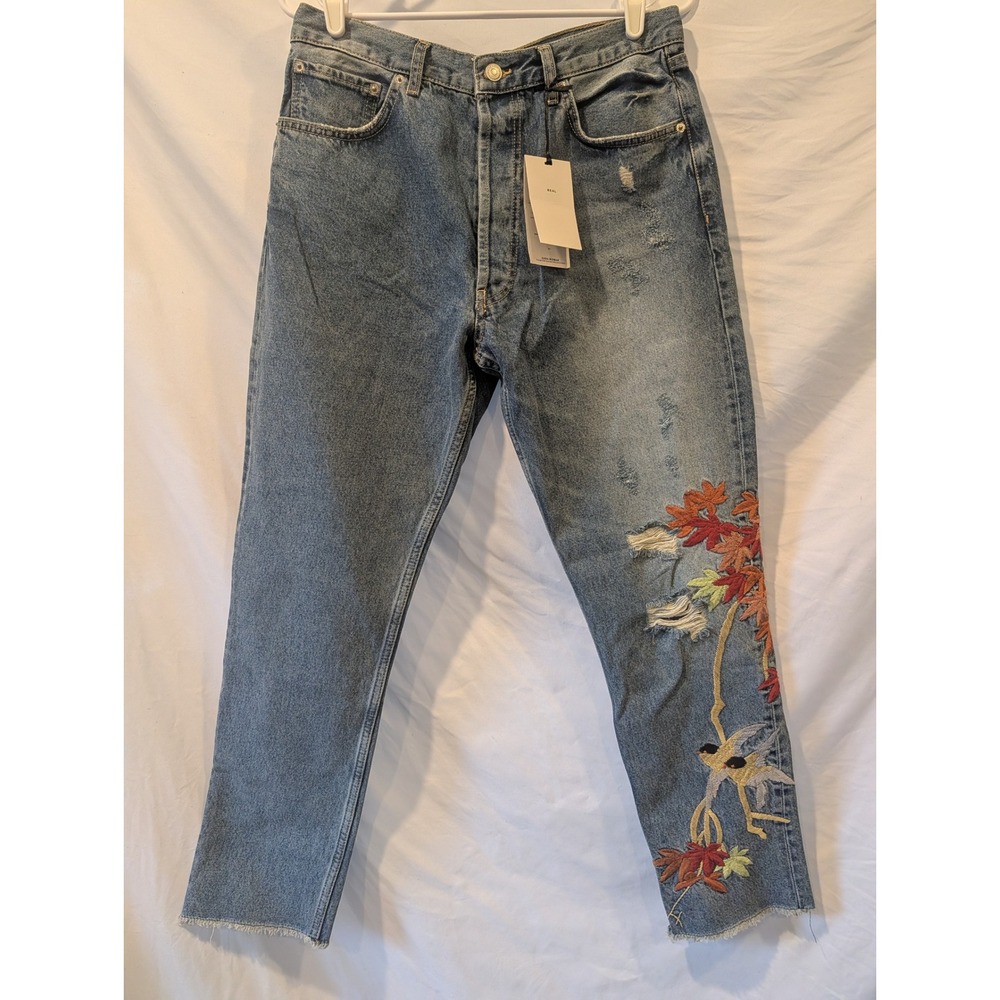 Zara Real High Rise Relaxed Satin Embroidery Bird Leaf Distressed Jeans Sz 8 40